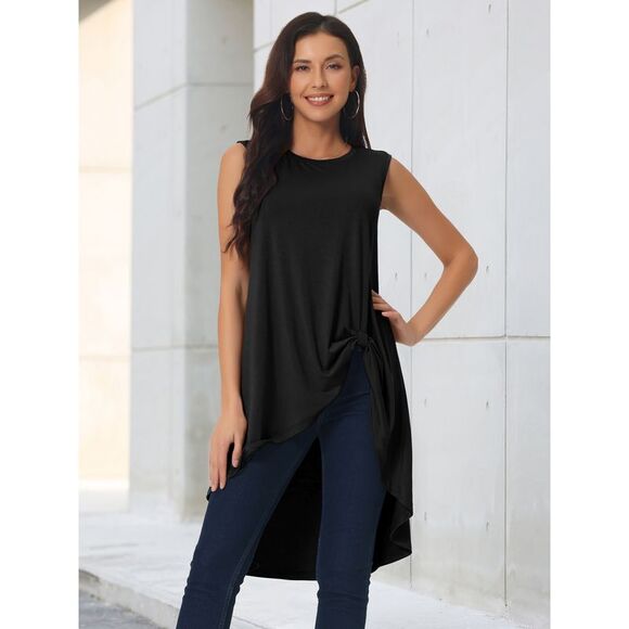 High Low Hem Tops Sleeveless Tunic Top Crewneck Dressy Casual Shirts Black - Picture 2 of 6